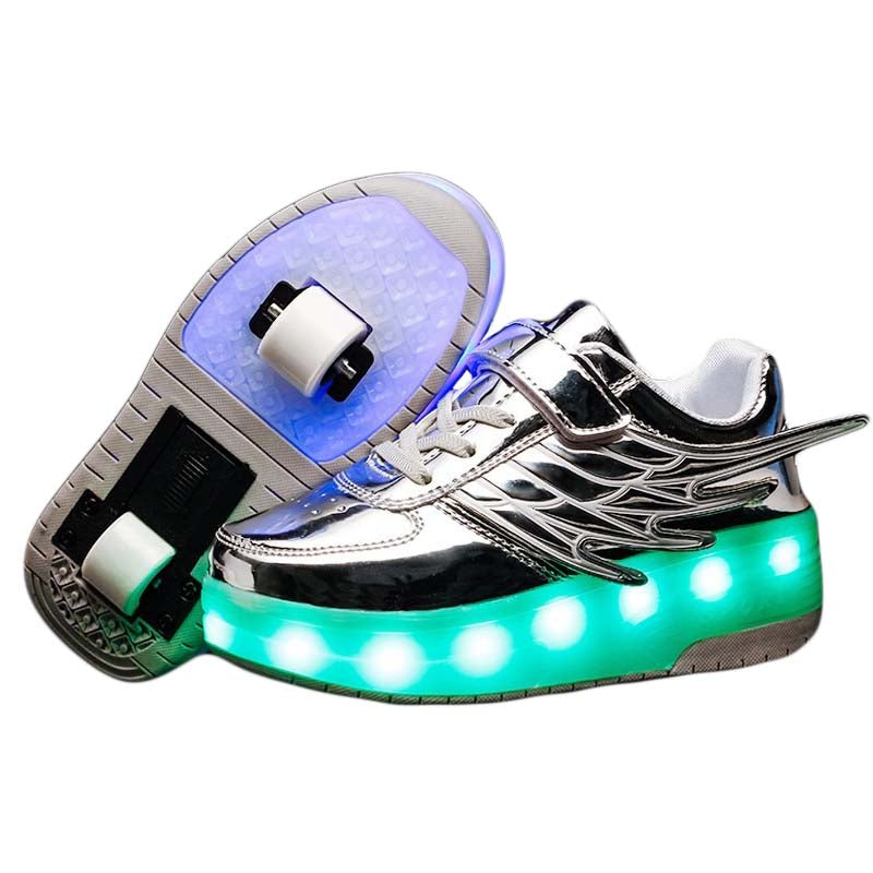Kids LED Roller Skate Shoes Boys Girls Sneakers with Double Wheel-CD03-Silver