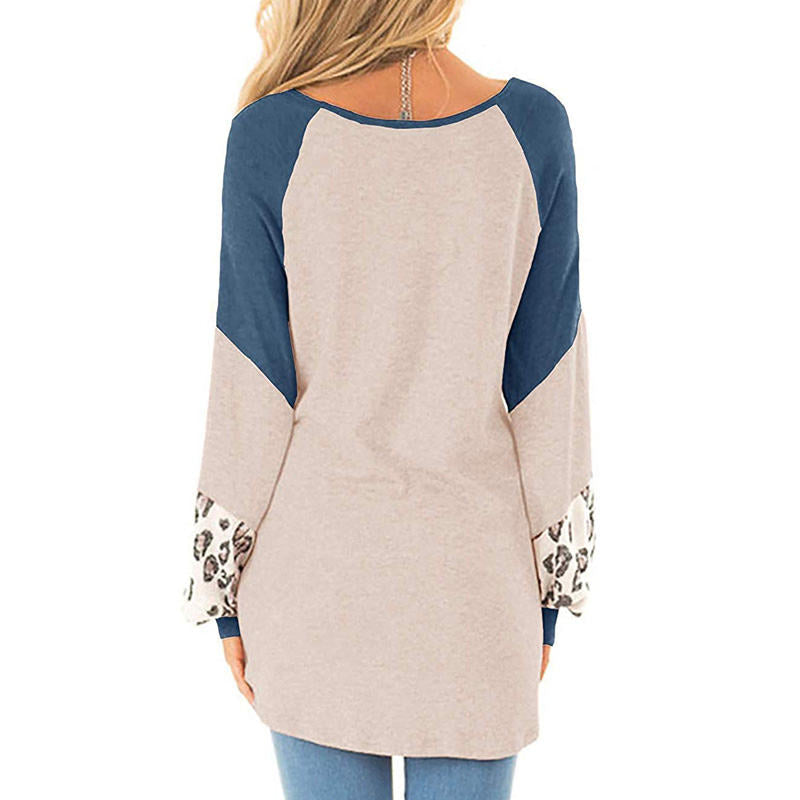 Womens Color-Blocking Pullover Raglan Long Sleeve Loose Shirt-Blue