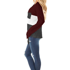 Womens Long Sleeve V-neck Autumn T-shirt Loose Top with Pockets-WineRed