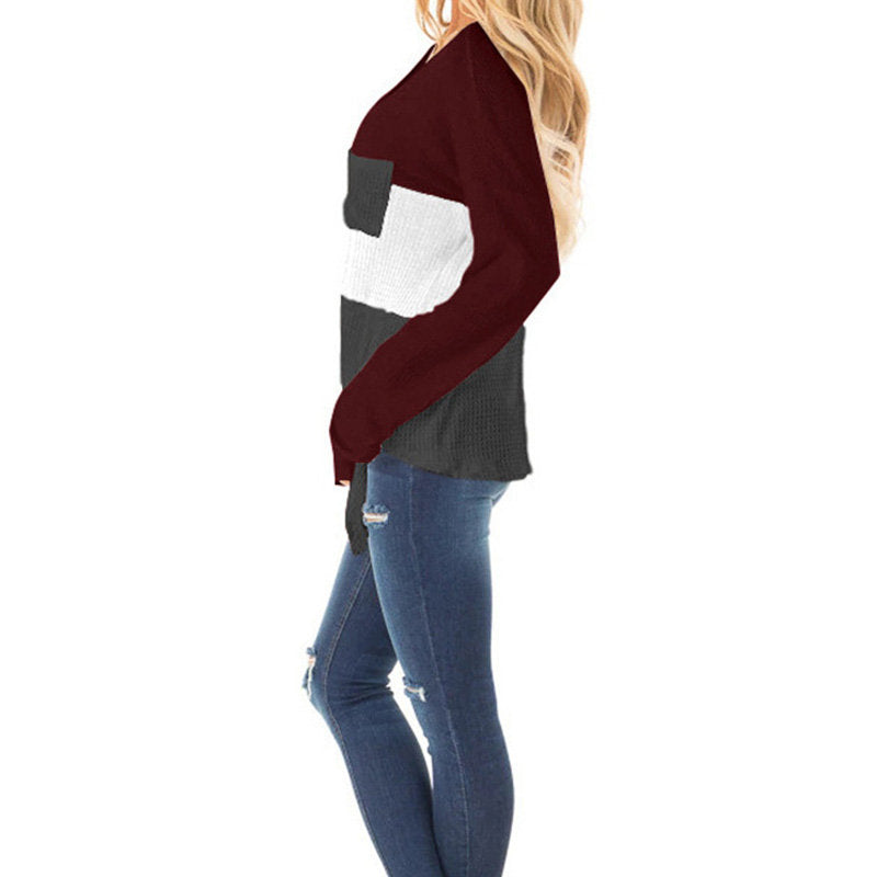 Womens Long Sleeve V-neck Autumn T-shirt Loose Top with Pockets-WineRed