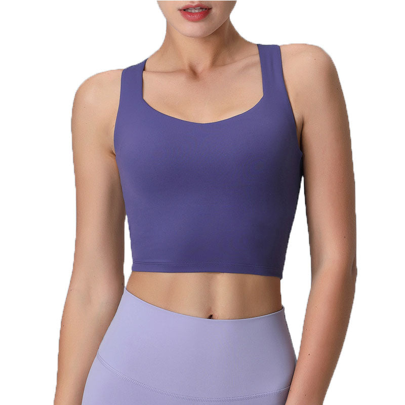 V Neck Longline Sports Bras Padded Wirefree Stretchy Yoga Camisole-BluePurple