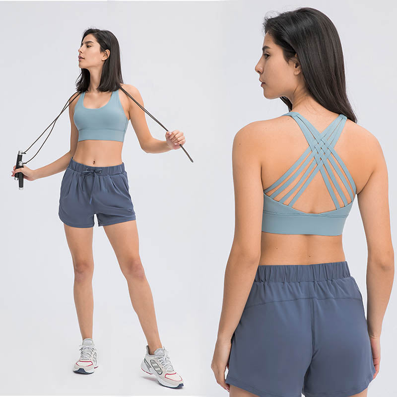 High Support Sports Bras Breathable Strappy Crisscross Back Tops-Cyan