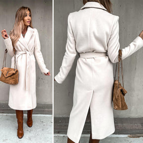 Womens Trench Coats Lapel with Tie Belt Fashion Winter Long Outwear-White