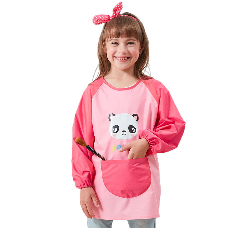 Cartoon Panda Waterproof Long Sleeved Art Apron For Painting-Pink