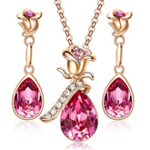 Rose Crystal Necklace and Earrings Set for Mom Wife-GoldRoseRed