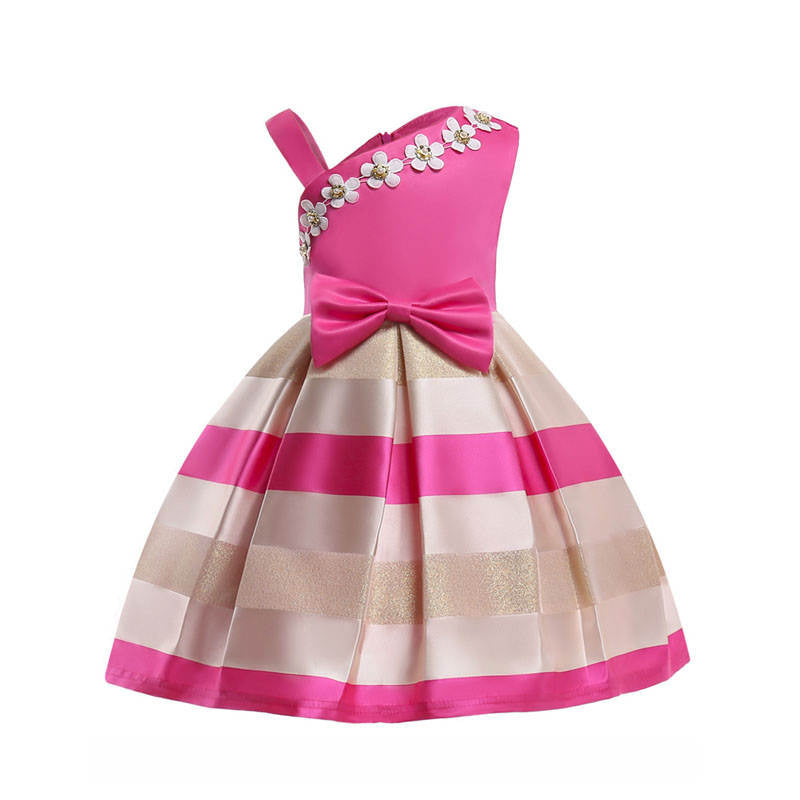 3-9T Girls Kids Single Shoulder Striped Floral Ruffles Flower Dress Ball Gown-Rose Red