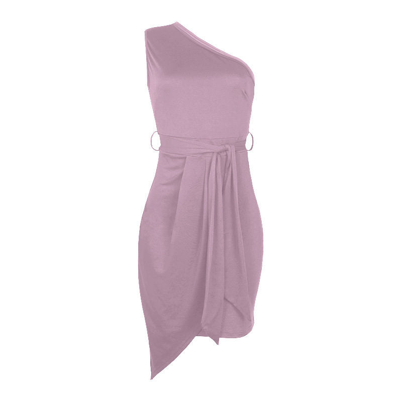 Solid Color Sleeveless Sloping Shoulder Strap Party Cocktail Dress-Purple