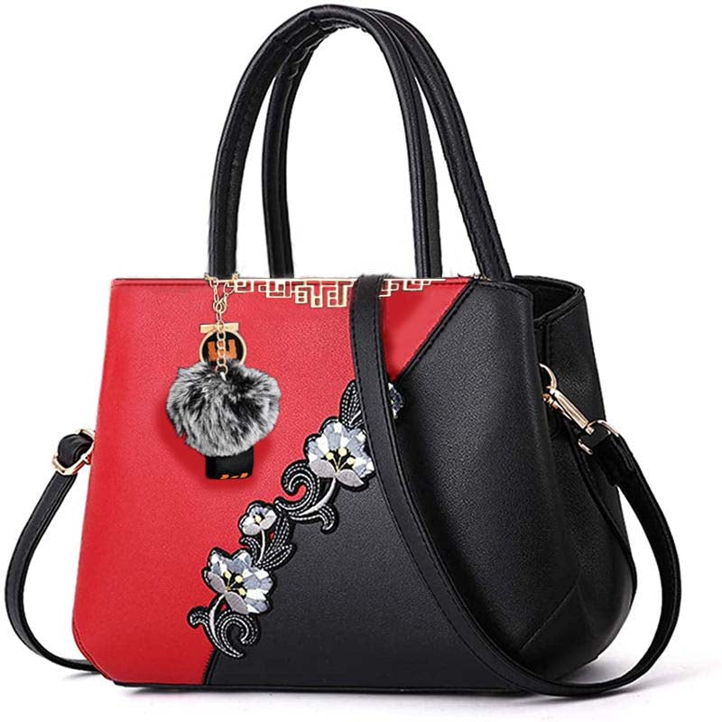 Embroidered Women Top Handle Satchel Fashion Shoulder Bags with Hairball-Red