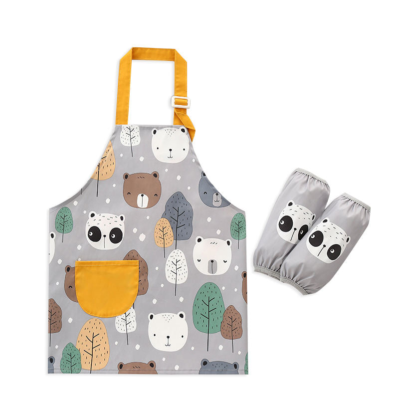 Kids Waterproof Art Apron for Painting Cooking Feeding with Matchin Sleeves-Panda