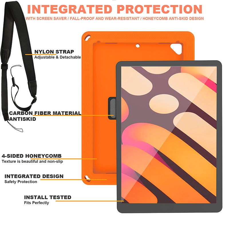 iPad Case With Handle Stand Shoulder Strap for iPad5 2018 9.7-OrangeBlack