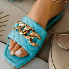 Womens Open Toe Sandals Gold Chain Backless Slippers-SkyBlue