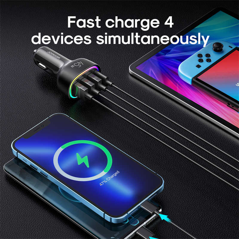 45W 4 Ports Fast Car Charger Adapter PD3.0 & QC3.0 Cigarette Lighter for iPhone Samsung