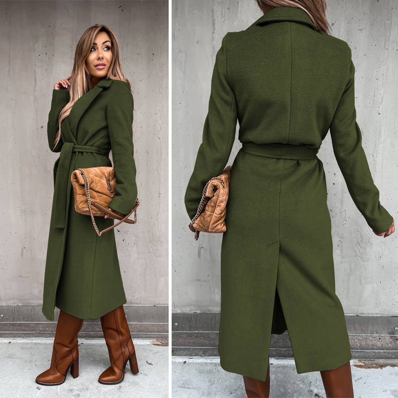 Womens Trench Coats Lapel with Tie Belt Fashion Winter Long Outwear-Army Green