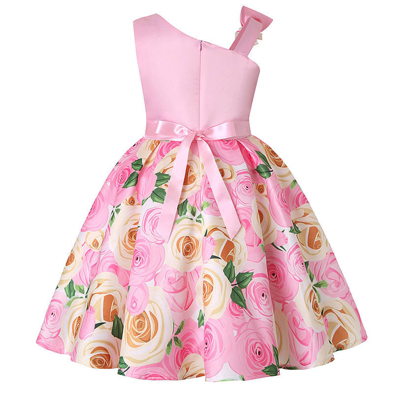 Oblique Shoulder Childrens Dress Rose Print Dress Girls Evening Party Costume-Glitter