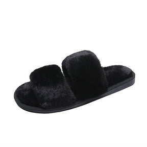 Womens Fuzzy Slippers Open Toe Cozy Memory Foam Sandals-Paralle Black