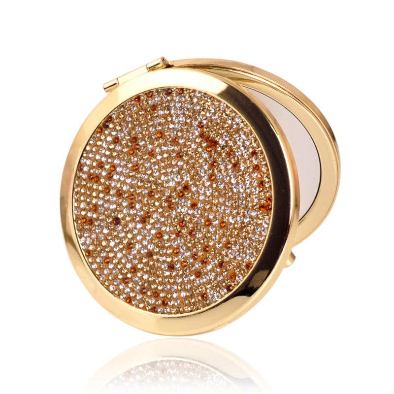 Rhinestone Magnifying Compact Makeup Mirror 2X/1X Mirror-Coffee