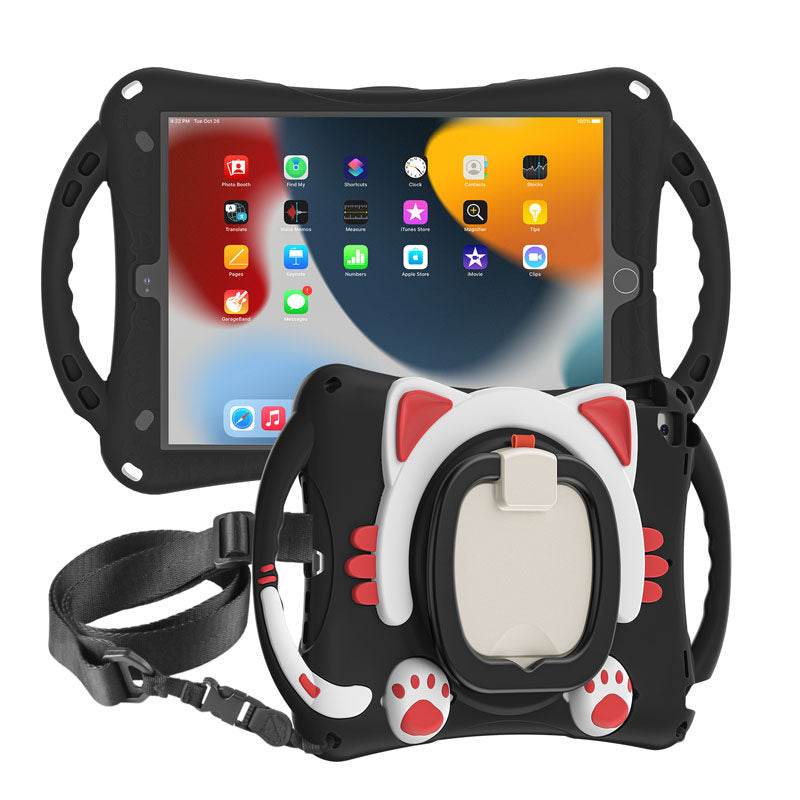 CatB Silicone Case For iPad 10.2 Air10.5 Pro10.5 Shockproof Shoulder Strap Handle Stand-Black Red
