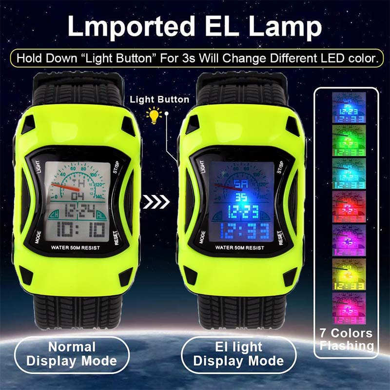 Kids Waterproof Sports Watches Digital LED Car Shape Watches-Green