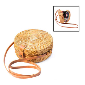 Handwoven Round Rattan Natural Chic Bag Shoulder Leather Straps Summer Beach-Emerald Flower