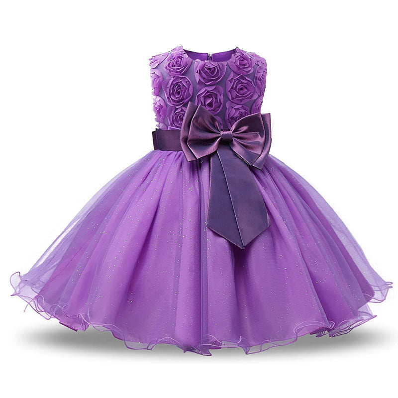 Girl Sleeveless Lace 3D Flower Tutu Holiday Princess Wedding Dresses-Purple