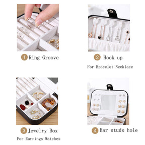 Small Jewelry Box Necklace Ring Double Layer Storage Bag Travel Organizer with Mirror -Pink