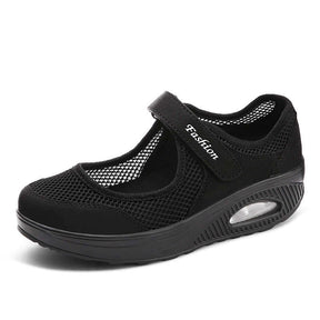Women Casual Air Cushion Sneakers Velcro Mary Jane Shoes-Black