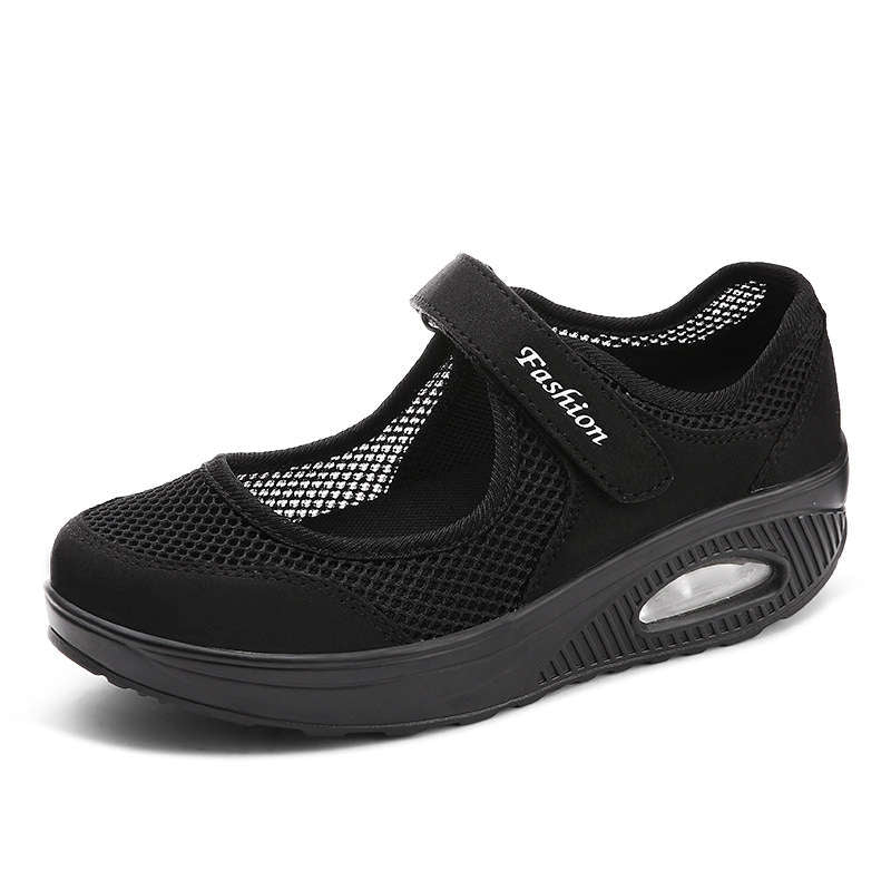 Women Casual Air Cushion Sneakers Velcro Mary Jane Shoes-Black