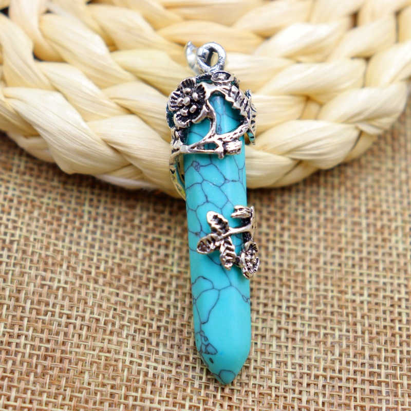 Antique Silver Flower Wrapped Crystal Necklace-Turquoise