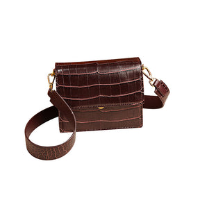 Women Leather Retro Shoulder Bag Crocodile Mini Flap Crossbody Bag-Brown