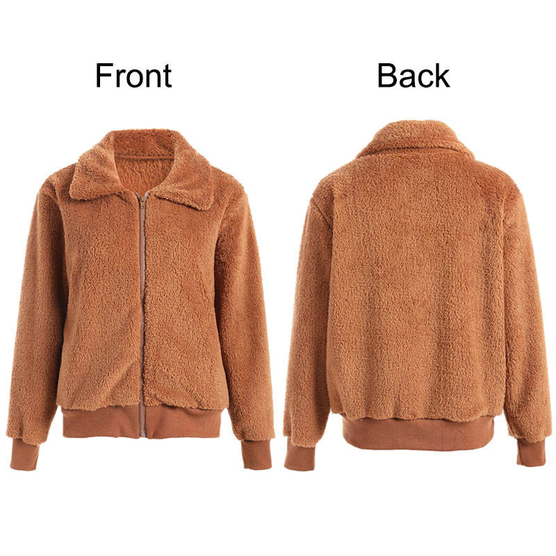 Womens Sherpa Fleece Jackets Lapel Zip Up Winter Warm Crop Outwear-Light Tan