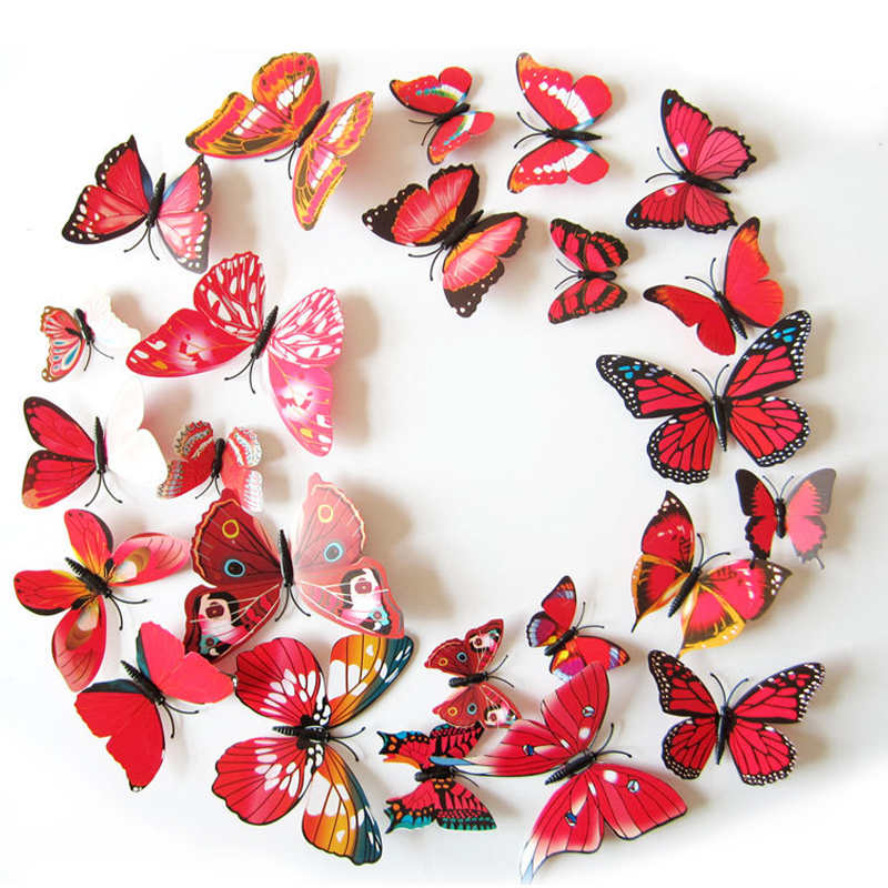 3D Vivid Butterfly Wall Stickers Fridge Magnet Decoration for Room Background-H003 Red