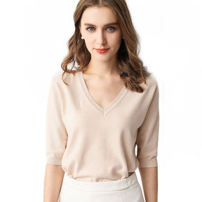 Womens V Neck Sweaters Soft Tops Knit Casual Solid Pullover-Apricot