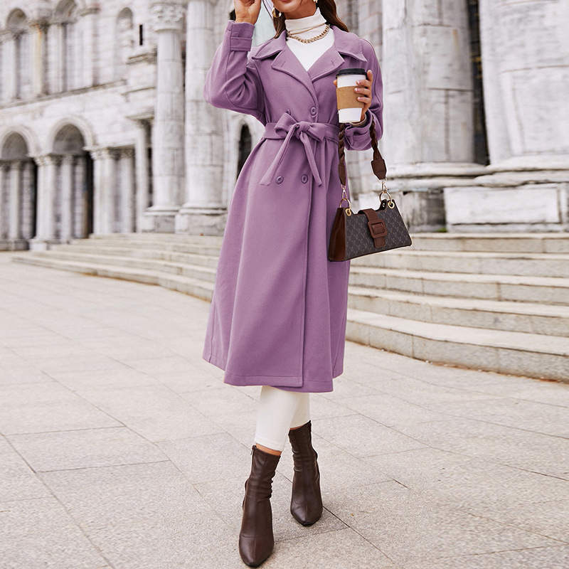Lookbook Womens Elegant Woolen Coat Mid Length Trench Jacket with Belts-Purple