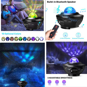 3 in 1 Galaxy Projector with LED Nebula Cloud/Moving Ocean Wave Night Light for Kid Baby, Built-in Music Speaker Voice Control