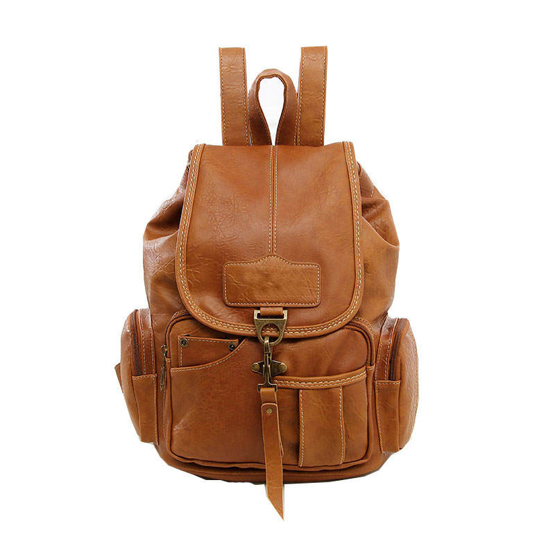 Teenager Leather Backpack Wallet Travel Drawstring Backpack-LightBrown