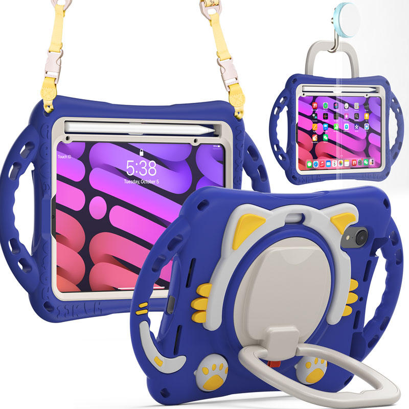 CatB Silicone Case For iPad Mini 6 Shockproof Shoulder Strap Handle Stand-Dark Blue