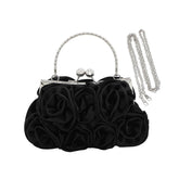 Roses Clutch Purse Satin Money Clip Evening Handbag-Black