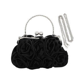 Roses Clutch Purse Satin Money Clip Evening Handbag-Black