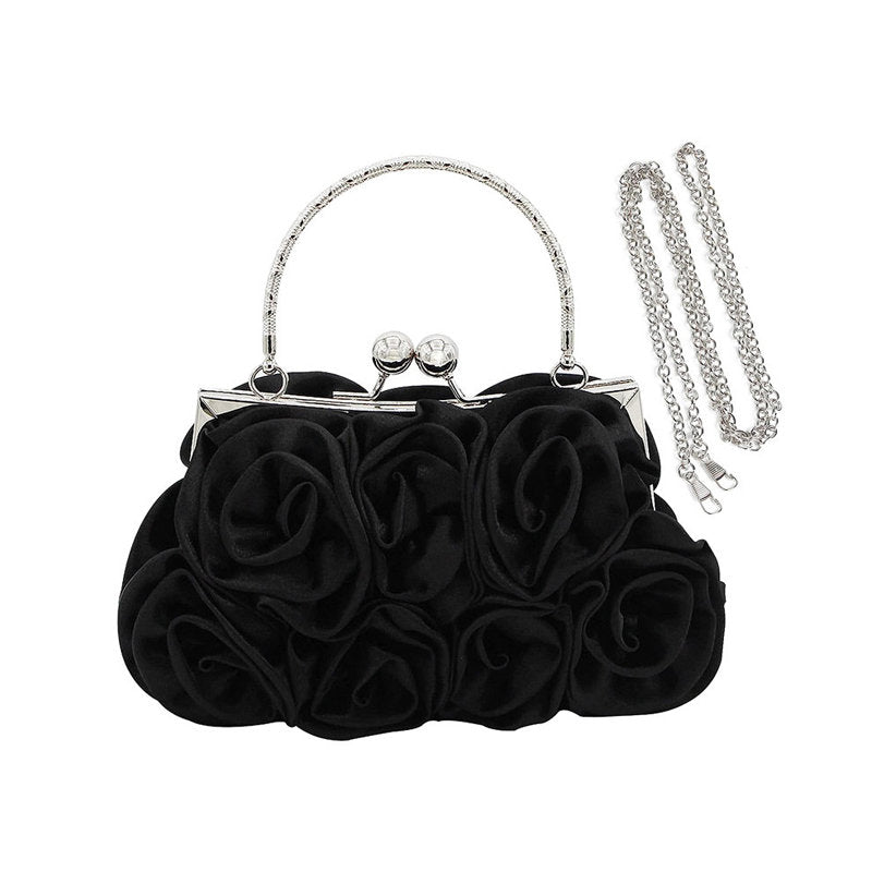 Roses Clutch Purse Satin Money Clip Evening Handbag-Black