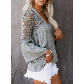 Womens V-neck Lace Crochet Shirt Flare Sleeve Buttoned Blouses-Gray