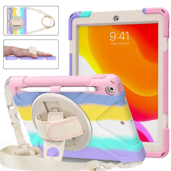 iPad Case With Pencil Stand+Rotating Stand+Shoulder Strap For iPad10.2 Inch 2020/2019-Pink