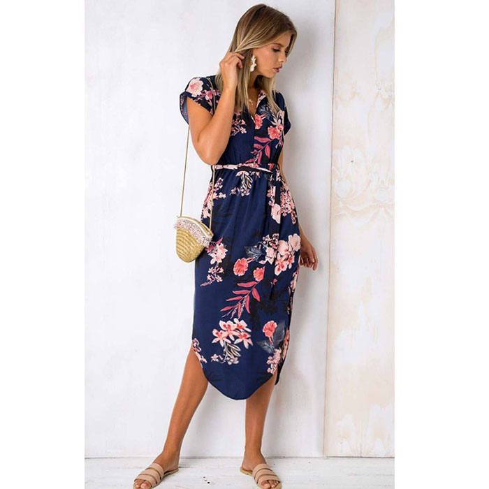 Womens Sexy Dresses Summer Casual V-Neck Printing Pattern Belted Slim Dress-Blue