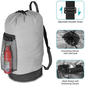 Backpack Laundry Bag With Shoulder Straps And Mesh Pocket Durable Nylon Clothes Bag for College Travel Laundromat -Gray