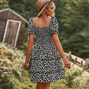 Womens Summer Dress High Waist Floral Smocked Tiered Dresses-Black