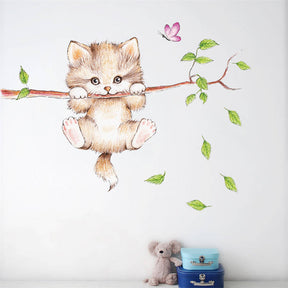 Cartoon Cat On The Tree Branches Wall Stickers Removable Kitty Wall Art Decoration