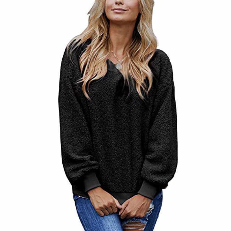 Womens Plush Sweater Casual Round Neck Sweatshirt Pullover-Black