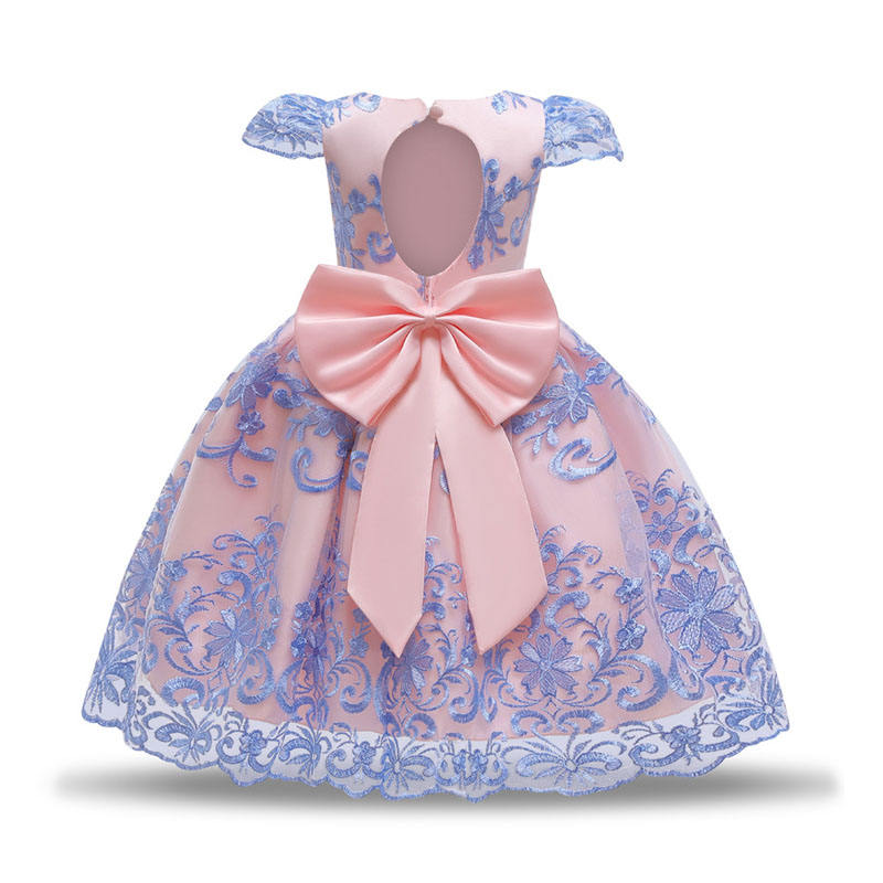 Girl Flower Lace Printed Cotton Elegant Tulle Bow Belt Princess Dress-Pink