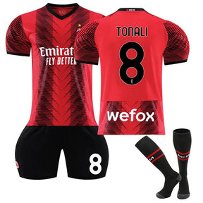 AC Milan Home Jersey TONALI #8 Soccer Jersey Kids Adult 3-Pieces Jersey Kits