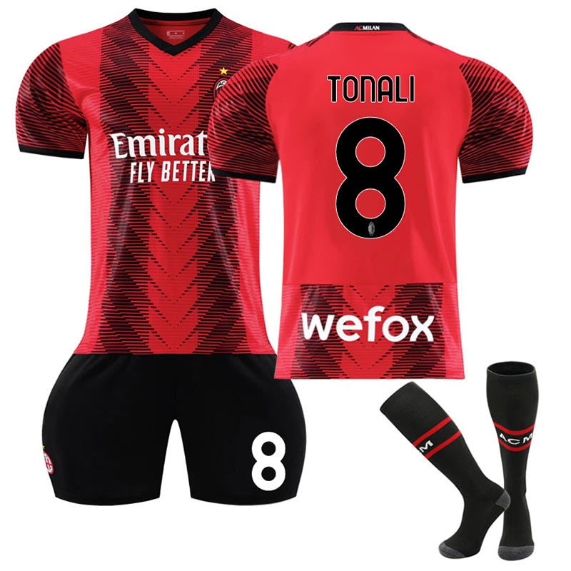 AC Milan Home Jersey TONALI #8 Soccer Jersey Kids Adult 3-Pieces Jersey Kits