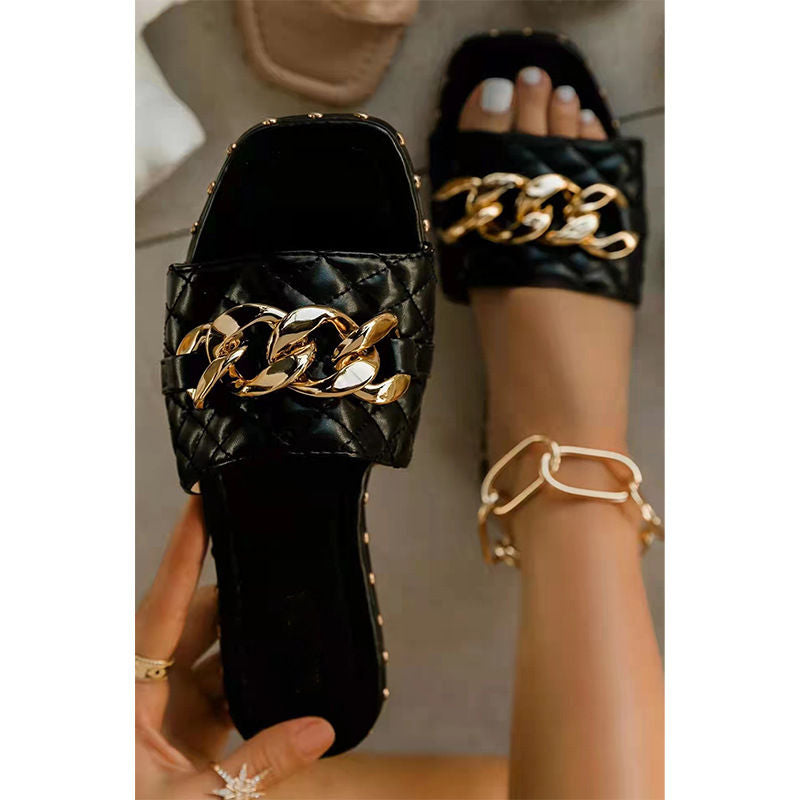 Womens Open Toe Sandals Gold Chain Backless Slippers-Black